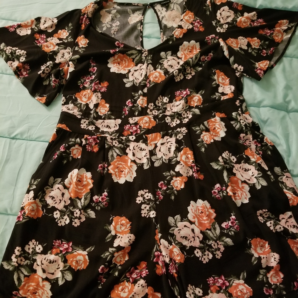 Black floral print romper